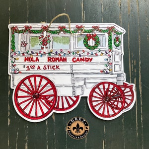 Roman Candy Cart Door Hanger, Christmas, Holly, Merry Christmas, NOLA, New Orleans Art, Louisiana Made, Door Décor, Drez Artwork, Candy Cane