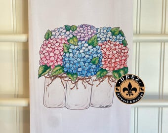 Hydrangea Floral Tea Towel, NOLA Style, 100% Cotton, Bathroom Guest Towel, Wedding Gift, Mothers Day, Home Decor, Mason Jars