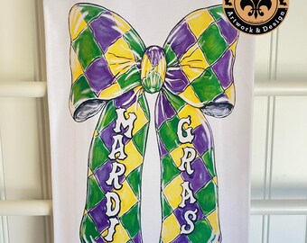 Mardi Gras Tea Towel, Bow, Louisiana Art, Hand Towel, Powder Room, Guest Towel, Decorative, Hostess Gift, Home Decor
