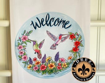 Hummingbird Tea Towel, Floral, Drez Artwork, Spring, Flower, Kitchen, Guest Towel, Home Decor