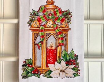 Christmas Lantern Tea Towel, Poinsettia Holly Bow, Hostess Gift