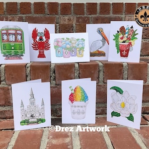 New Orleans Note Cards,NOLA Icons,Wholesale Available,Made in Louisiana, Cathedral,Streetcar,Crawfish,Magnolia,Hydrangea,Snowball,Pelican