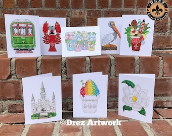 New Orleans Note Cards,NOLA Icons,Wholesale Available,Made in Louisiana, Cathedral,Streetcar,Crawfish,Magnolia,Hydrangea,Snowball,Pelican