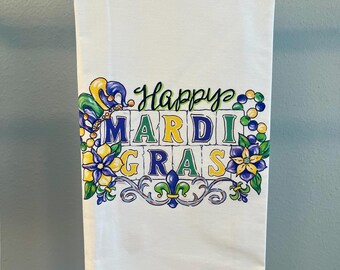 Mardi Gras Kitchen Towel, NOLA Art, Louisiana Fleur de Lis