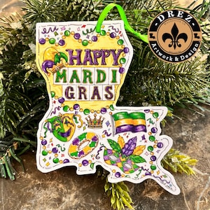 Mardi Gras Ornament, Ornament, Christmas, Louisiana, NOLA, Louisiana, Wholesale Avail, Drez Artwork, King Cake, Beads, Jester, Mask, Crown