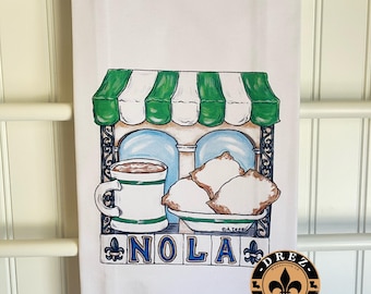 Beignets Tea Towel, New Orleans Art, Louisiana, Guest Towel, Hostess Gift, Wedding Gift, Home Decor