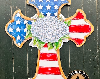 Patriotic Cross Door Hanger, Hydrangea, 4th of July, Summer Decor, Made in USA, Door Decor, Fireworks, Independence Day