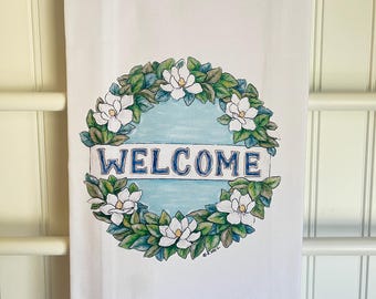 Magnolia, Tea Towel, Louisiana Flower, Wholesale Available, Drez, Cotton Dish Towel, Hostess Gift, Bar, Kitchen Towel, Mississippi Flower