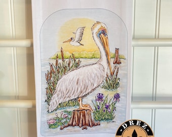 Pelican Tea Towel, Marsh, Louisiana, Home Decor, Iris, Marshland, Louisiana Art, Hostess Gift, Wedding Gift, Hostess, Guest Towel, Bayou