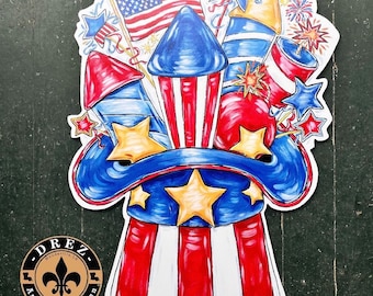 Patriotic Hat Door Hanger, 4th of July, Summer Decor, Made in USA, Door Decor, Fireworks, Independence Day