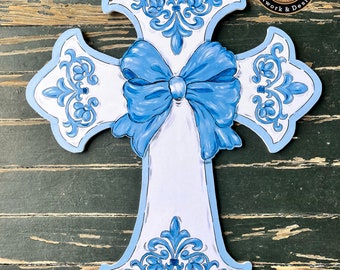 Cross Door Hanger, Bow, Baby Boy, Communion, Baptism, Baby Blue, Spring, Easter, Door Decor, Fleur de lis, Drez Artwork, Chinoiserie Style