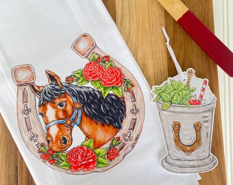 Horse Tea Towel Gift, Kentucky Derby, Mint Julep Ornament,  Package Combo, Run for the Roses, Christmas Gift, Cocktail, Horseshoe, Holiday