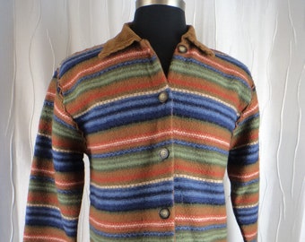 May include: A long-sleeved, button-down sweater with horizontal stripes in shades of blue, green, brown, and red. The sweater has a brown corduroy collar and two front pockets. The buttons are a dark brown color.