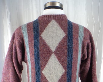 Vintage Irish Wool Sweater, Panache Sweater, Made in Ireland, (Men's Small? Women's Medium/Large?), Argyle, Cable Knit, Heather Maroon