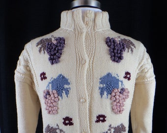 Vintage Cardigan, Boho Sweater, Wine Lover, Grapes, Winery, (Size: Women's Small? Medium?), Vineyard, Wool Blend, Wine Tasting, Hand Knit