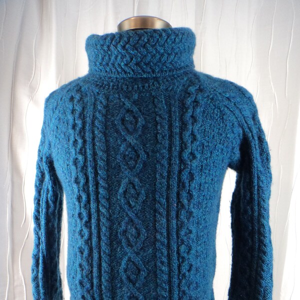 Teal Blue Fisherman's Sweater, Irish Sweater, (Size: Women's Small), Ireland, Cable Knit, Aran Woolen Mills, Ski Sweater, Blue Wool Sweater