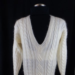 Vintage Acrylic/Mohair Sweater, Off-White, Deep V-neck, (Size: Women&#39;s Small? Medium? Large? XL?), Open Weave, Fuzzy, Over Sized