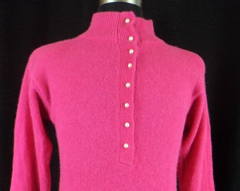 Vintage Lambswool Blend Pullover Sweater, (Size: Women's Small?), Bright Pink, Fine Weave, Stand Up Collar, Fuzzy Pink