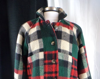 Vintage Eddie Bauer Jacket, Shacket, Plaid Wool Coat, (Size: Women's Petite Medium), Buffalo Plaid, Patchwork Look, Lined, Dry Cleaned, USA