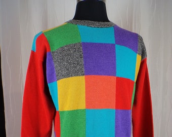 Vintage Color Block Sweater, Acrylic Tunic, (Size: Women's Medium) Helen HSU, Geometric, Gray, Red, Turquoise, Purple, Yellow, Orange, Green