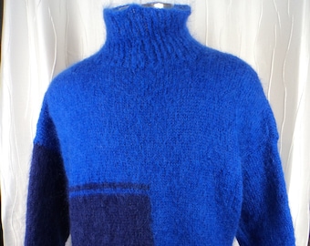 Vintage Mohair Pullover Sweater (Size: Women's ? 1X? 2X?), Royal Blue, Navy Blue, Tunic Look? Hand Knit?, Cowl Neck