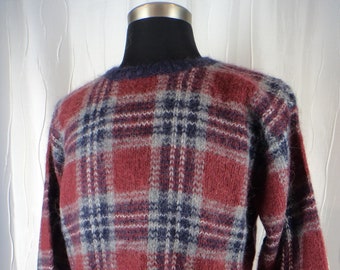 Vintage Mohair Blend Pullover Sweater, (Size: Women's Large?), Navy Blue, Maroon, Gray, Plaid Mohair, Crewneck