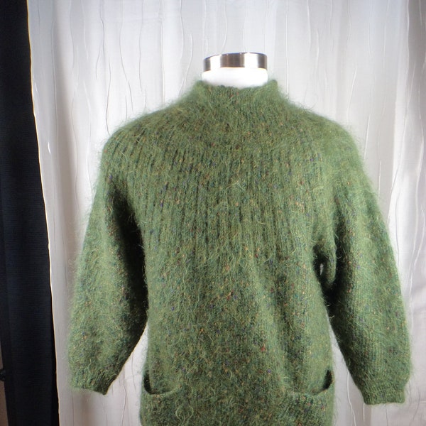 Vintage Mohair Blend Pullover Sweater (Size: Women's Medium? Large? XL?), Olive Green, Oversized, Pockets, Mohair Tunic Look,