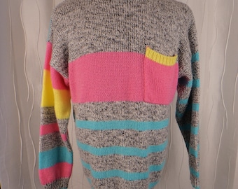 Vintage 80s Sweater, 90s Acrylic, (Size: Women's 20W, XXL?), Gray, Pink, Yellow, Aqua, 80s Party-wear, Recently Laundered