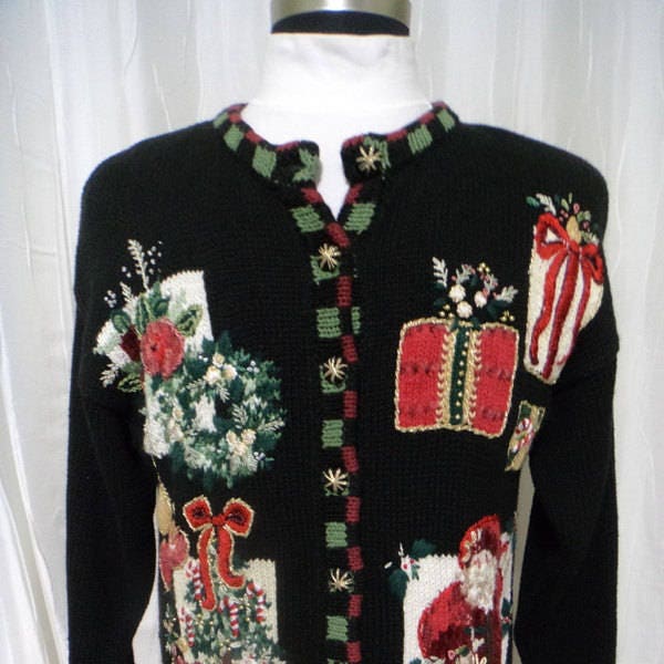 Vintage Ugly Christmas Sweater, Xmas 2002, (Size: Women's Large), Black Cardigan, Santa, Gifts, Presents, Stockings, 2002