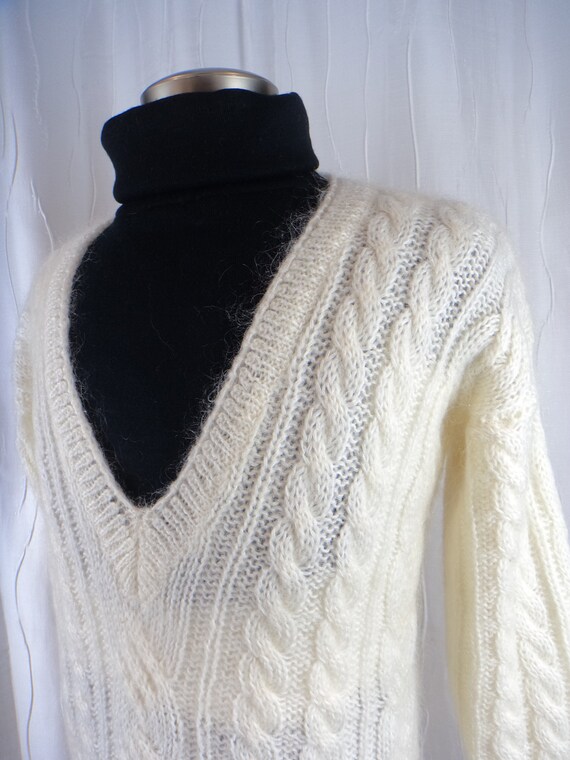 Vintage Acrylic/Mohair Sweater, Off-White, Deep V… - image 8