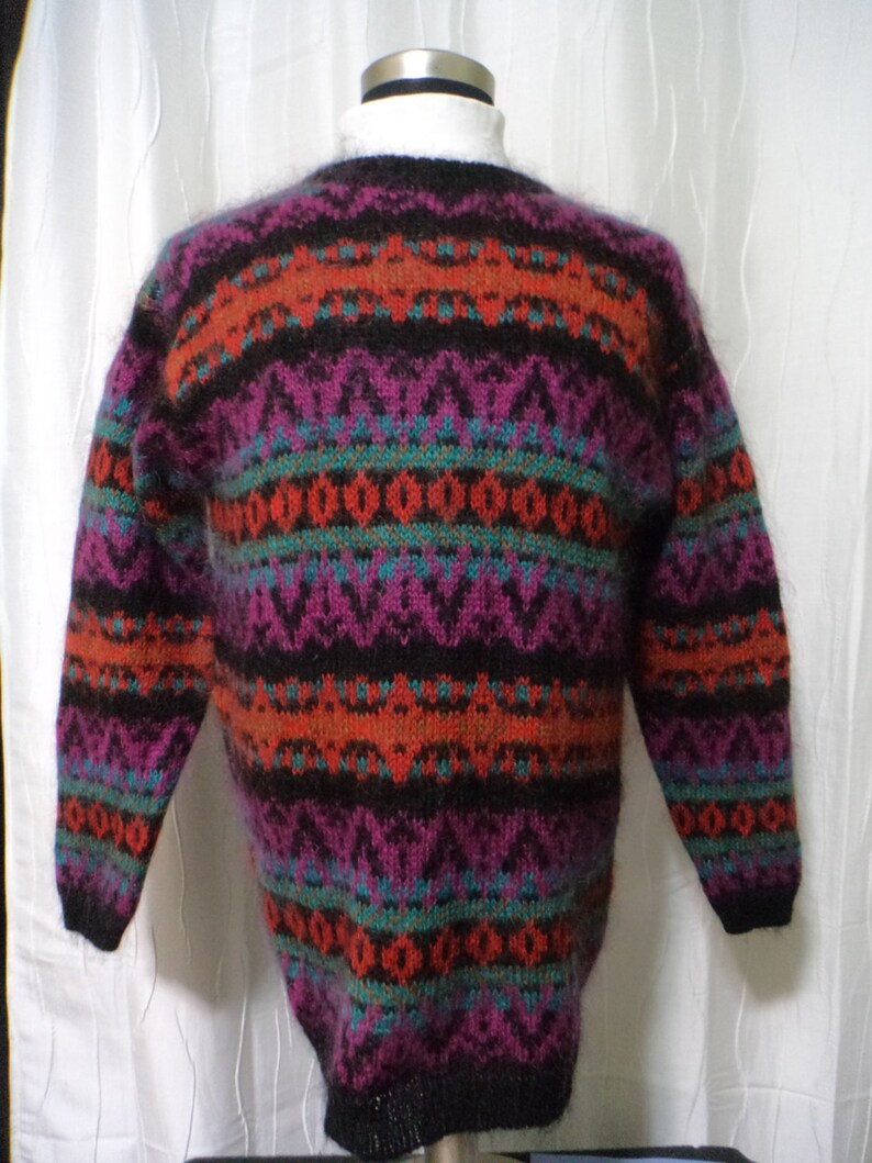 Vintage Mohair Pullover Sweater Size: Women/'s Large Orange Red Mohair Blend Sweater Camel Brown Black Magenta Turquoise Tunic Look