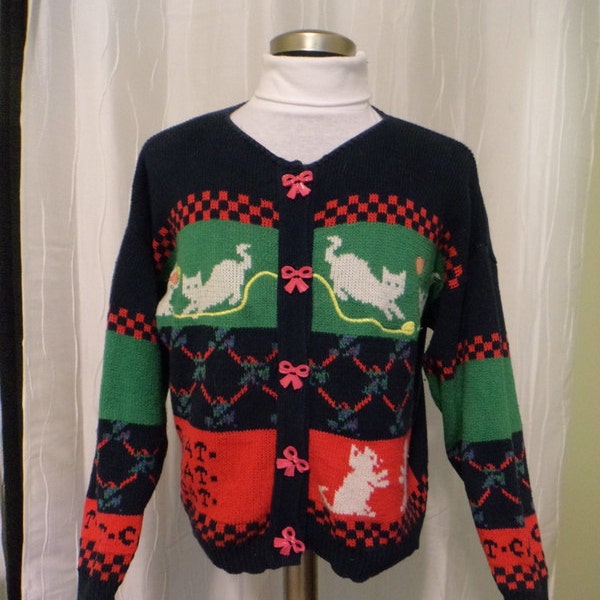 Cat Lover's Sweater, Cat Sweater - Women's (Large), Ugly Sweater, 80s, 90s Sweater, Navy Cat Sweater, Crazy Cat Lady, Cat Show, Made in USA