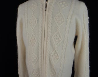 Vintage Merino Wool Angora Blend Zip Up, Longer Length Sweater, Cable Knit, (Size: Women's Extra Large?), New Zealand, Soft, Fuzzy, Clean
