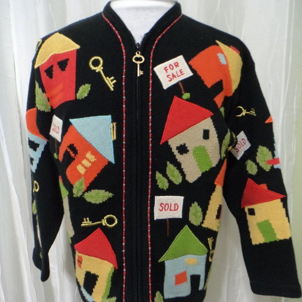 Real Estate, "House For Sale" Sweater: (Women's Large) Black Zip-up Cardigan, Houses, House Keys, "For Sale" Signs, Gag Gift, Ugly Sweater