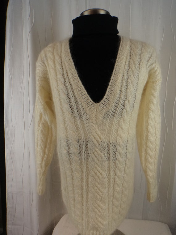 Vintage Acrylic/Mohair Sweater, Off-White, Deep V… - image 2