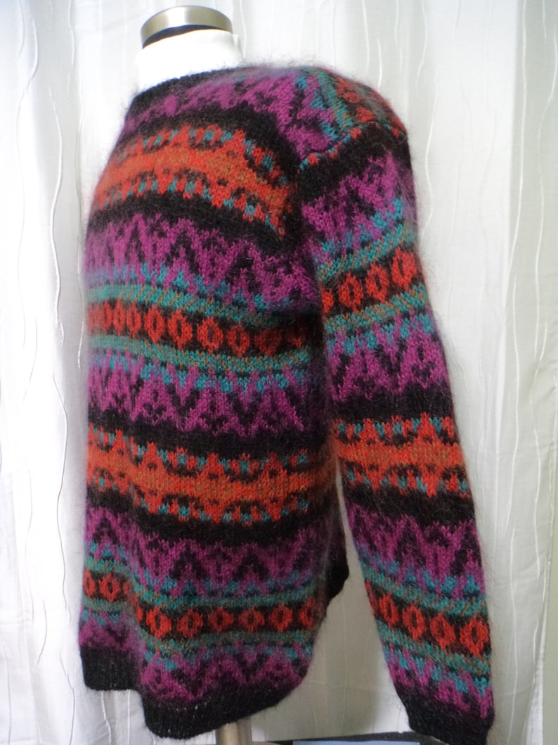 Vintage Mohair Pullover Sweater Size: Women/'s Large Orange Red Mohair Blend Sweater Camel Brown Black Magenta Turquoise Tunic Look
