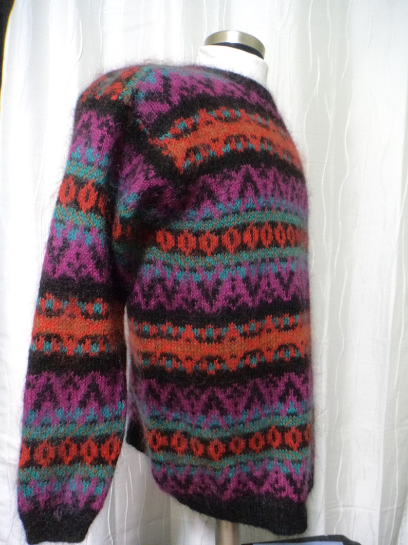 Vintage Mohair Pullover Sweater Size: Women/'s Large Orange Red Mohair Blend Sweater Camel Brown Black Magenta Turquoise Tunic Look