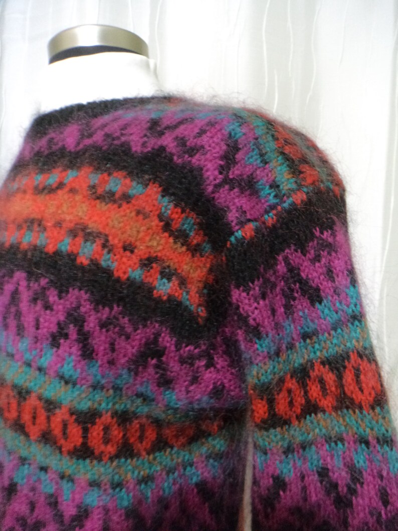 Vintage Mohair Pullover Sweater Size: Women/'s Large Orange Red Mohair Blend Sweater Camel Brown Black Magenta Turquoise Tunic Look