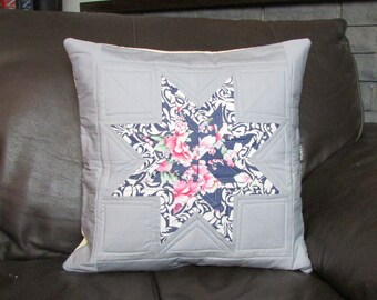 Grey quilted cushion cover with floral star - modern patchwork pillow cover - handmade in the UK