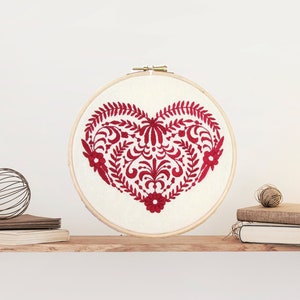 Red heart hand embroidery wall art, Scandinavian folk framed embroidered wall hanging, red home decor gift for new home, Handmade in the UK image 2