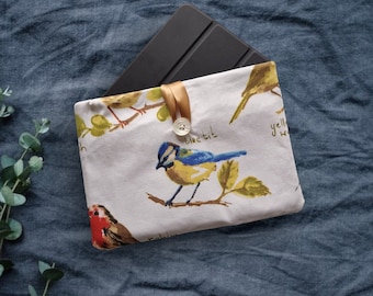 Bird fabric iPad Mini case, iPad mini 6th gen sleeve, 8 inch tablet case, travel gifts for her, tech accessories, handmade in the UK