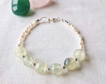 Green prehnite and freshwater pearl bracelet | crystal healing gemstone bracelet - handmade in the UK