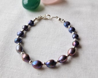 Dark blue freshwater pearl bracelet, peacock pearl wedding anniversary gift for her, handmade in the UK