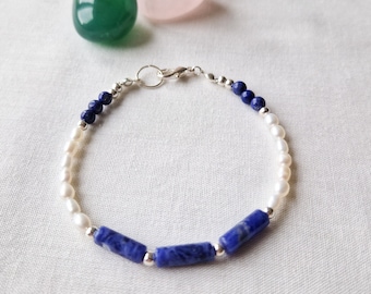 Freshwater pearl and sodalite bracelet | pearl wedding anniversary gift for her, handmade in the UK