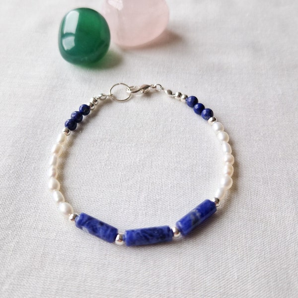 Freshwater pearl and sodalite bracelet | pearl wedding anniversary gift for her, handmade in the UK