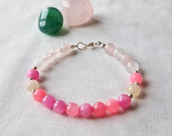Pink beaded bracelet - Rose quartz semi precious gemstone bracelet - girly jewelry gift for teen - Handmade in the UK
