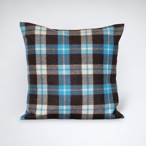 Blue and brown tartan cushion cover,  wool plaid cushion, turquoise tartan pillow cover, farmhouse decor gift, handmade in the UK