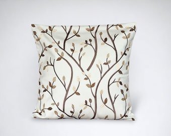 Brown leaf embroidered cushion cover | Kai Abira in Biscuit, rustic brown home decor gift for home, handmade in the UK