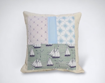 Quilted patchwork cushion cover, quilted pillow, nautical nursery decor, boys nursery cushion, modern patchwork pillow, handmade in the UK