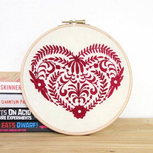 Red heart hand embroidery wall art, Scandinavian folk framed embroidered wall hanging, red home decor gift for new home, Handmade in the UK image 3